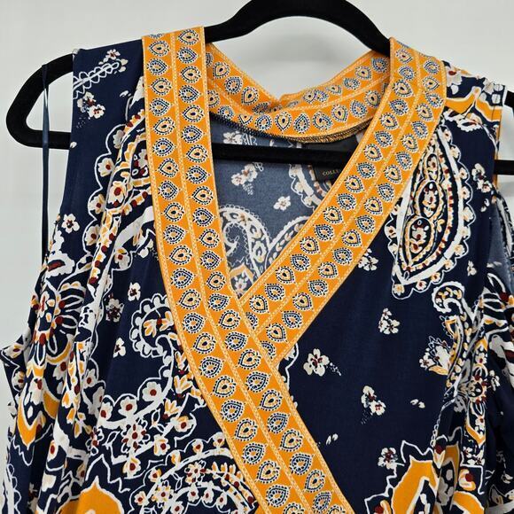 JM Collection Women's Plus Floral V Neck Waist Tie Detail‎ Blouse Blue Yellow 2X - Picture 4 of 12
